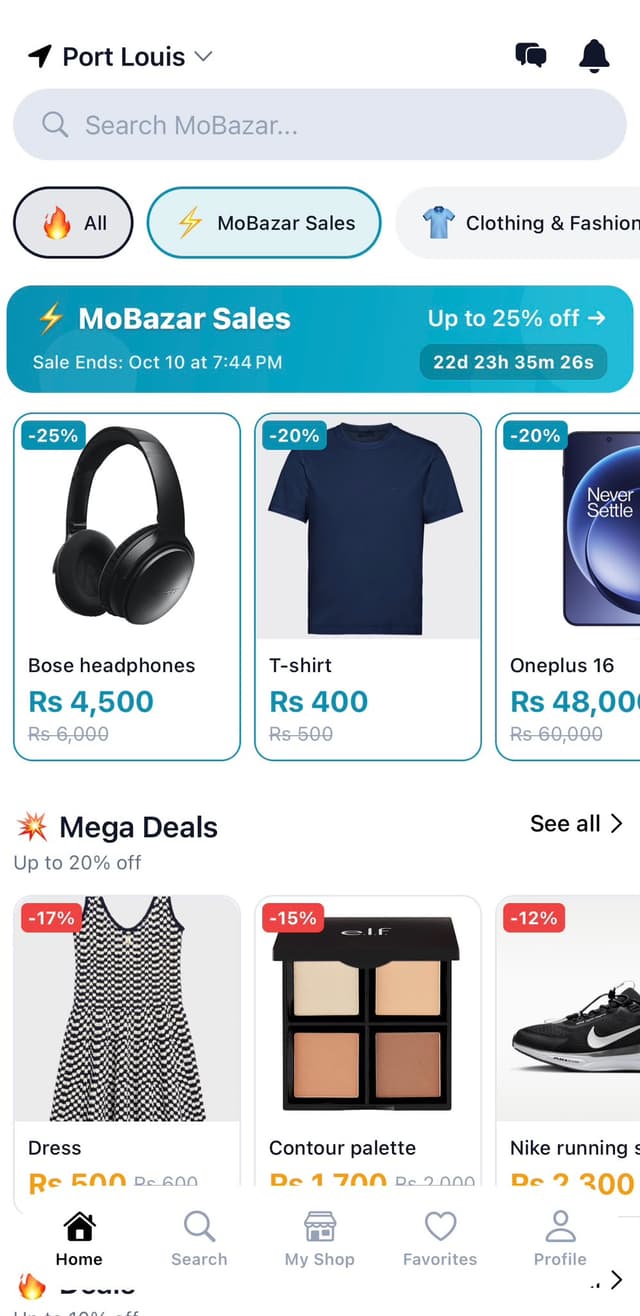 MoBazar home screen with the MoBazar Sales banner and discounted products