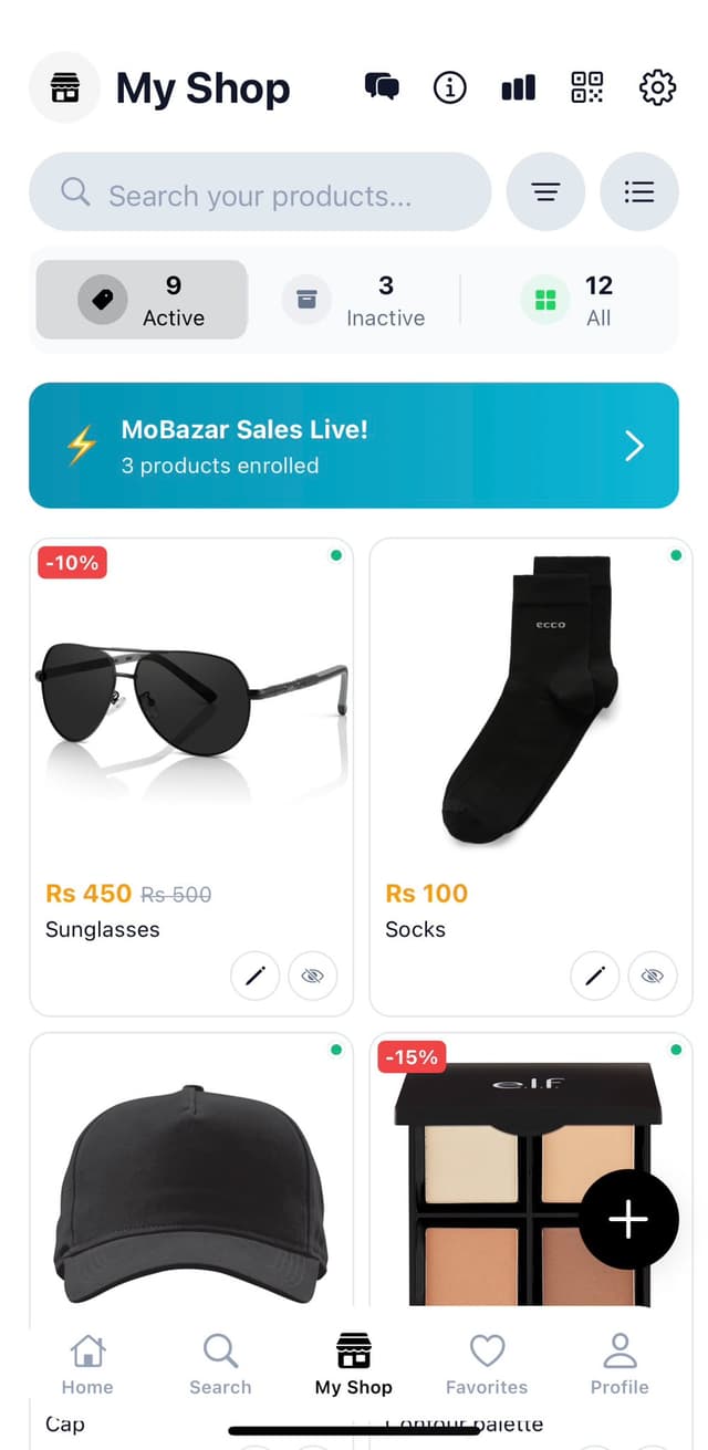 My Shop screen with the seller's product cards
