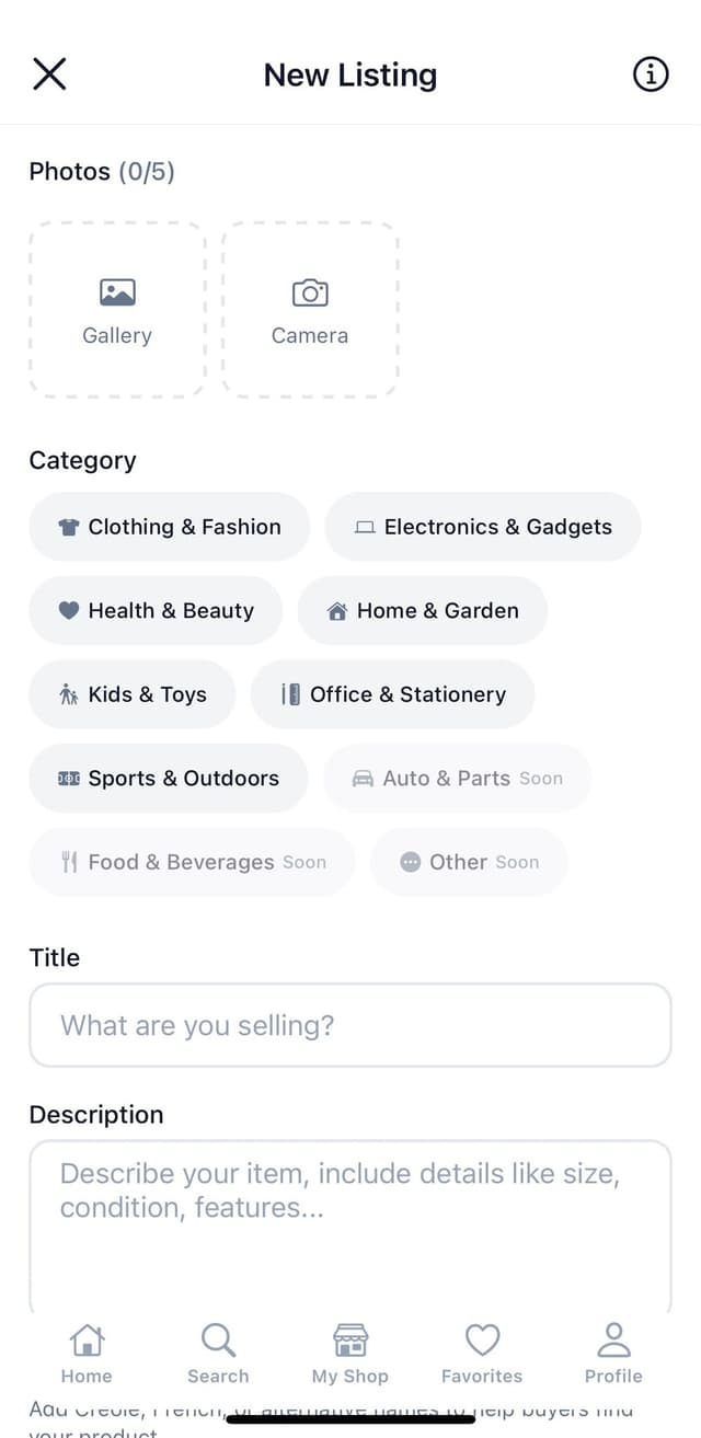 New Listing form with photo upload and category chips