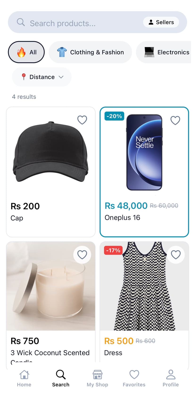 MoBazar search screen with category chips, a distance filter and a grid of nearby products