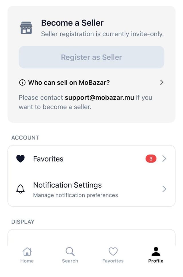 Profile screen with the Become a Seller card, a Register as Seller button and a Who can sell on MoBazar link