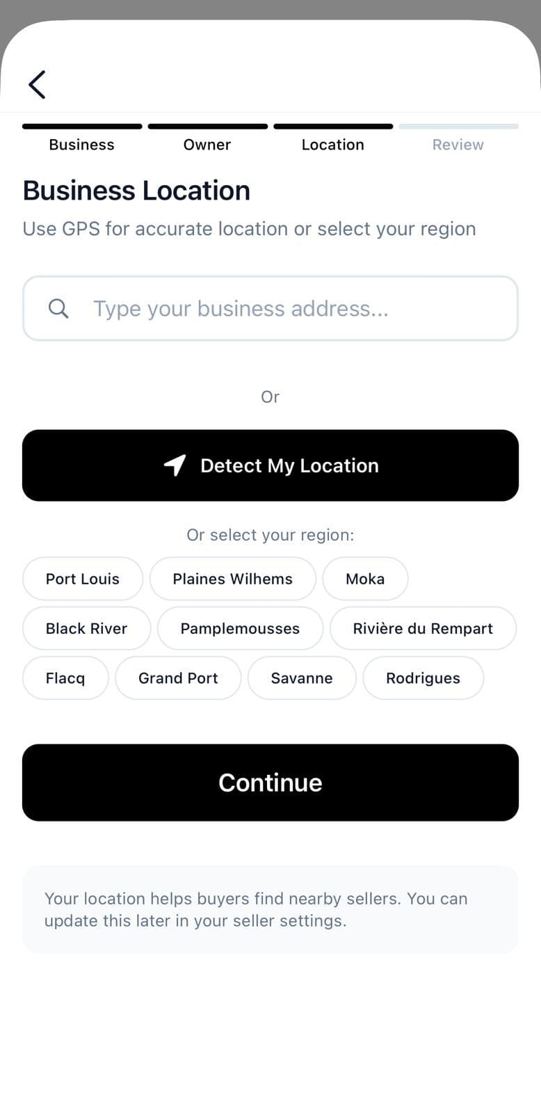 Business Location screen with address search, a Detect My Location button and region chips