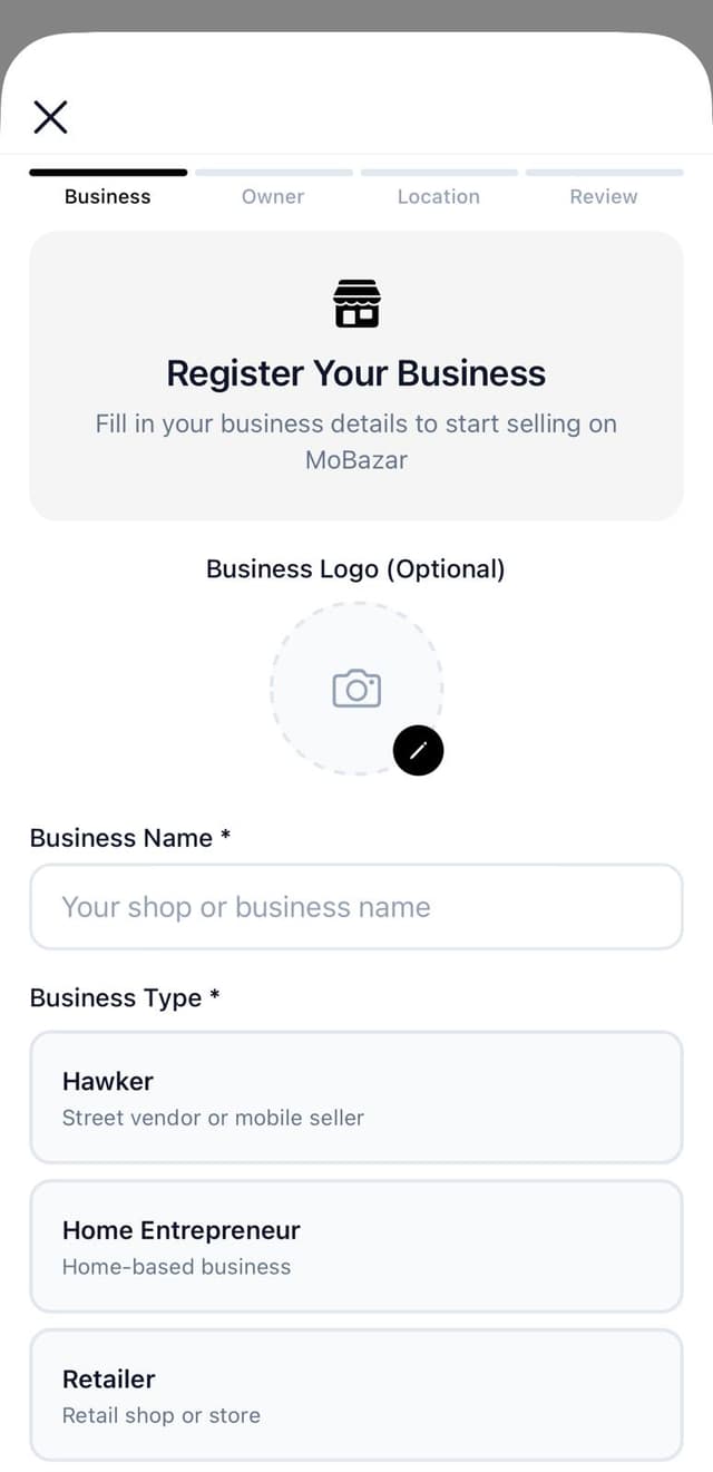 Register Your Business form with business name and business type cards