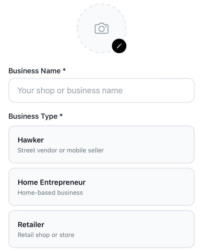 Register Your Business form with the business name field and Hawker, Home Entrepreneur and Retailer type cards