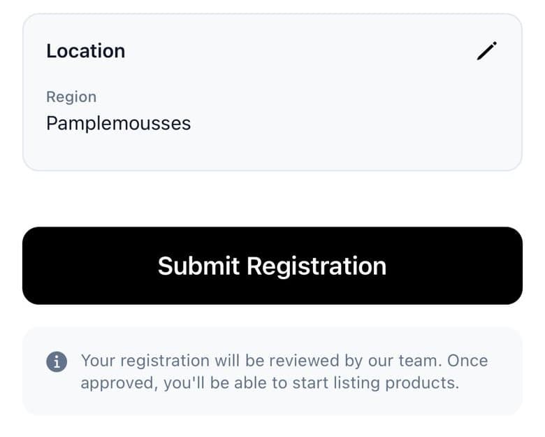 Review screen with the Location card, the Submit Registration button and a note that the team reviews every registration