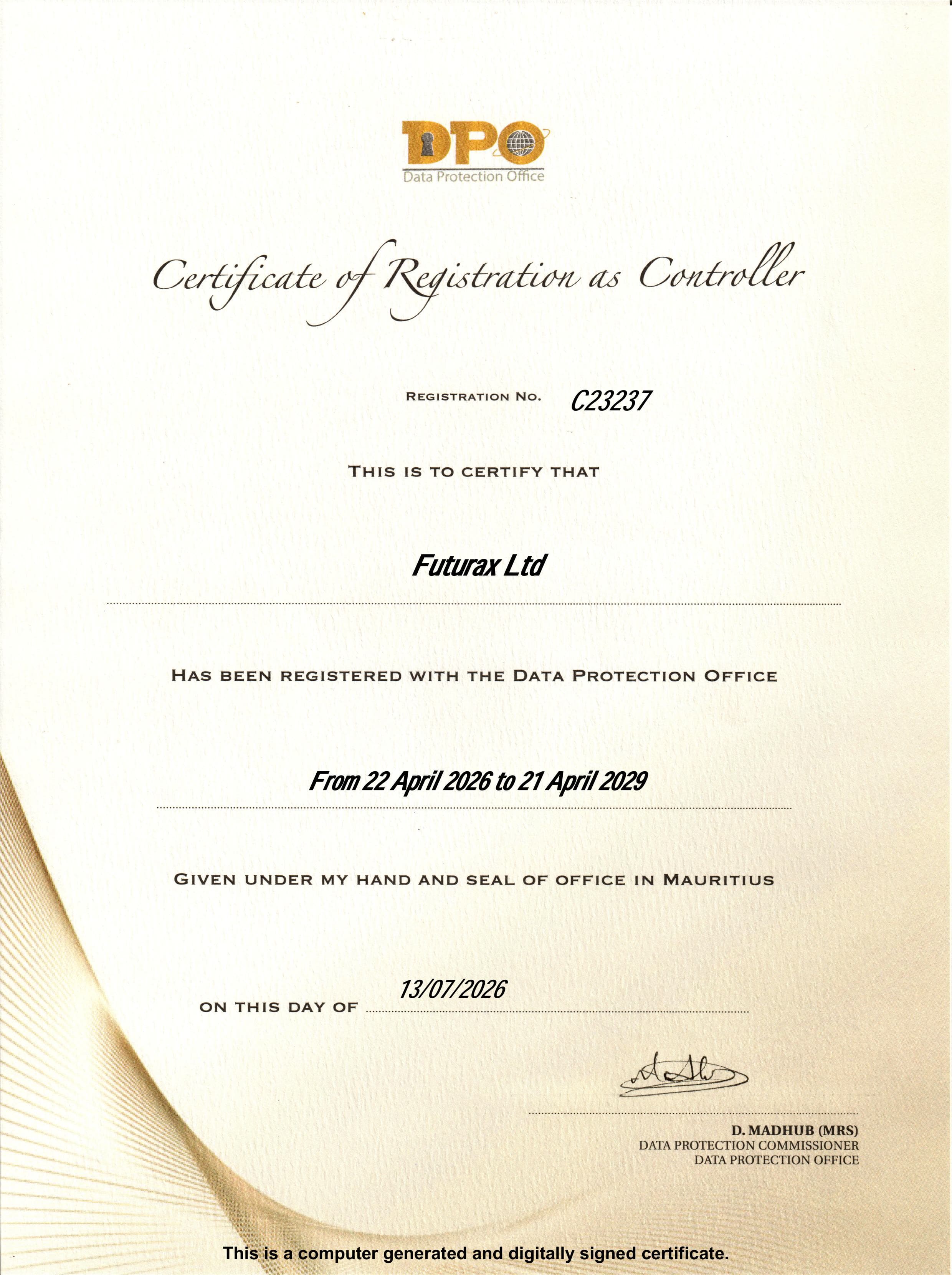 Data Controller Certificate issued by the Data Protection Office of Mauritius